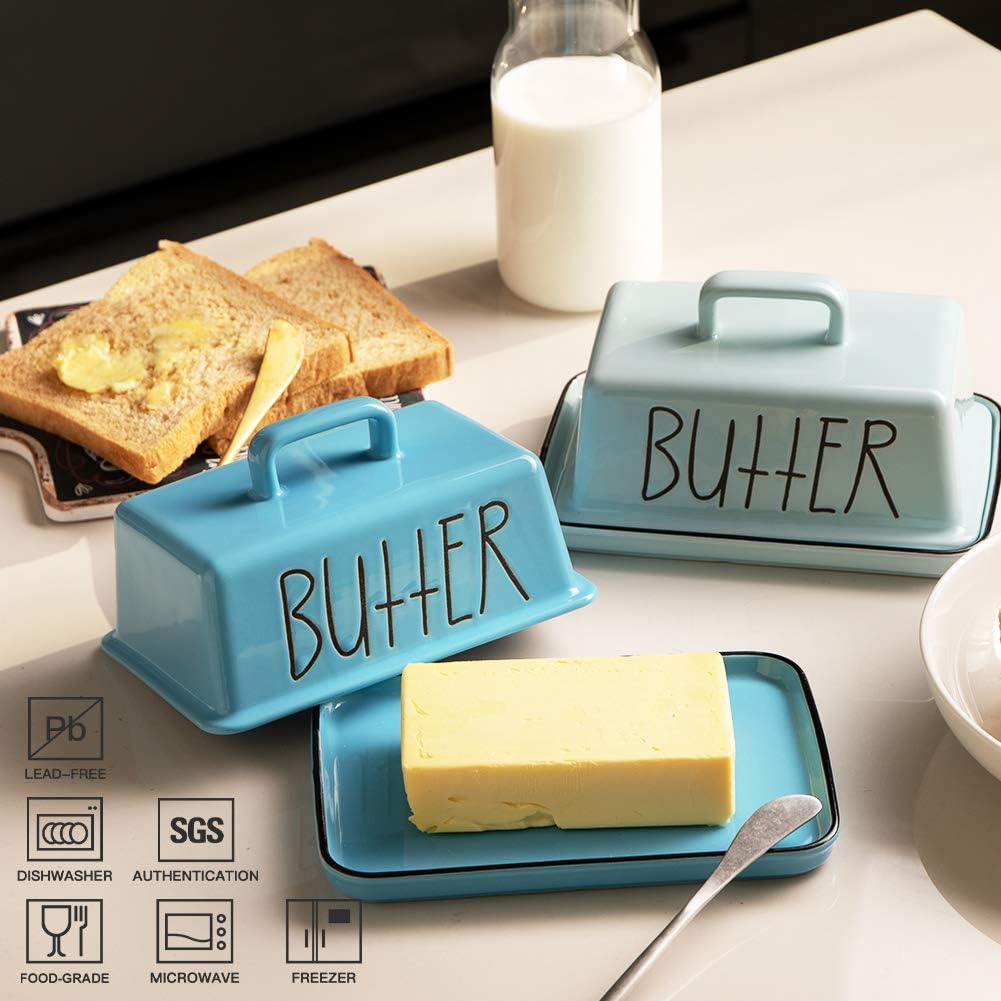 Sweejar Ceramic Butter Dish with Handle Lid, 7.3 Inch Porcelain Large Butter Keeper with Cover, Perfect for East/West Butter (Turquoise)