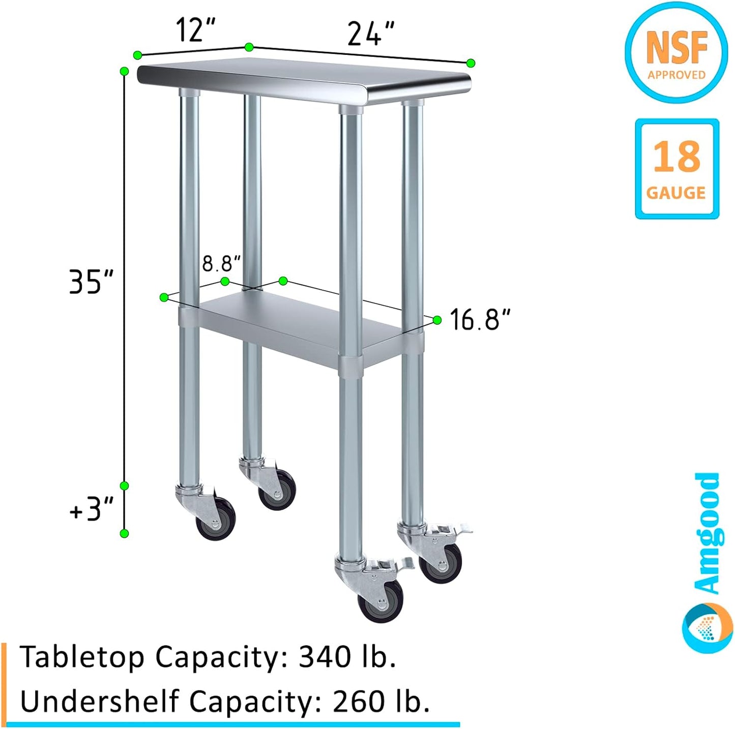 AmGood 12" Long x 24" Deep Stainless Steel Table with Casters