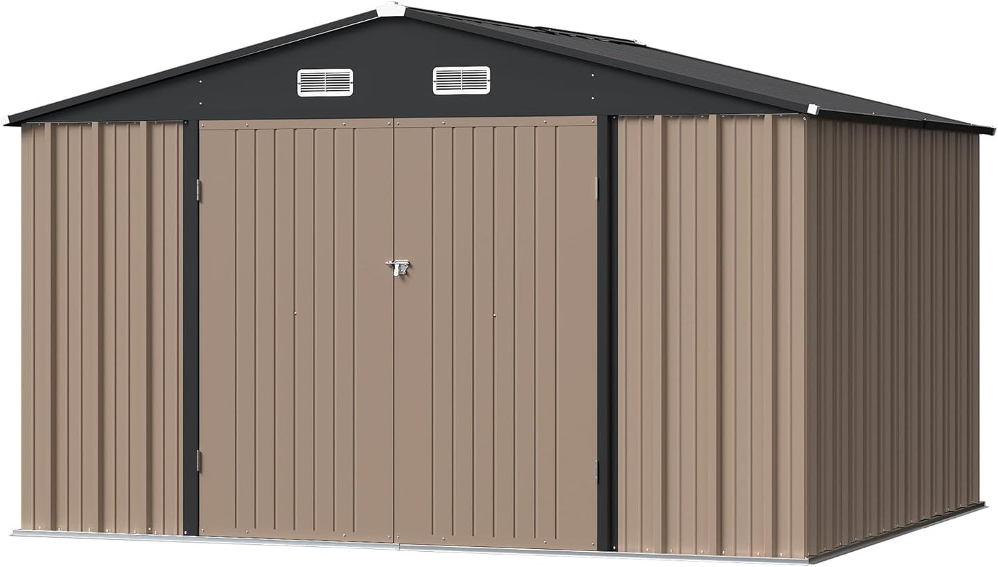 Furniwell 10x8 FT Outdoor Storage Shed, Metal Garden Sheds Outdoor Storage House with Single Lockable Door for Backyard Patio Lawn, Brown