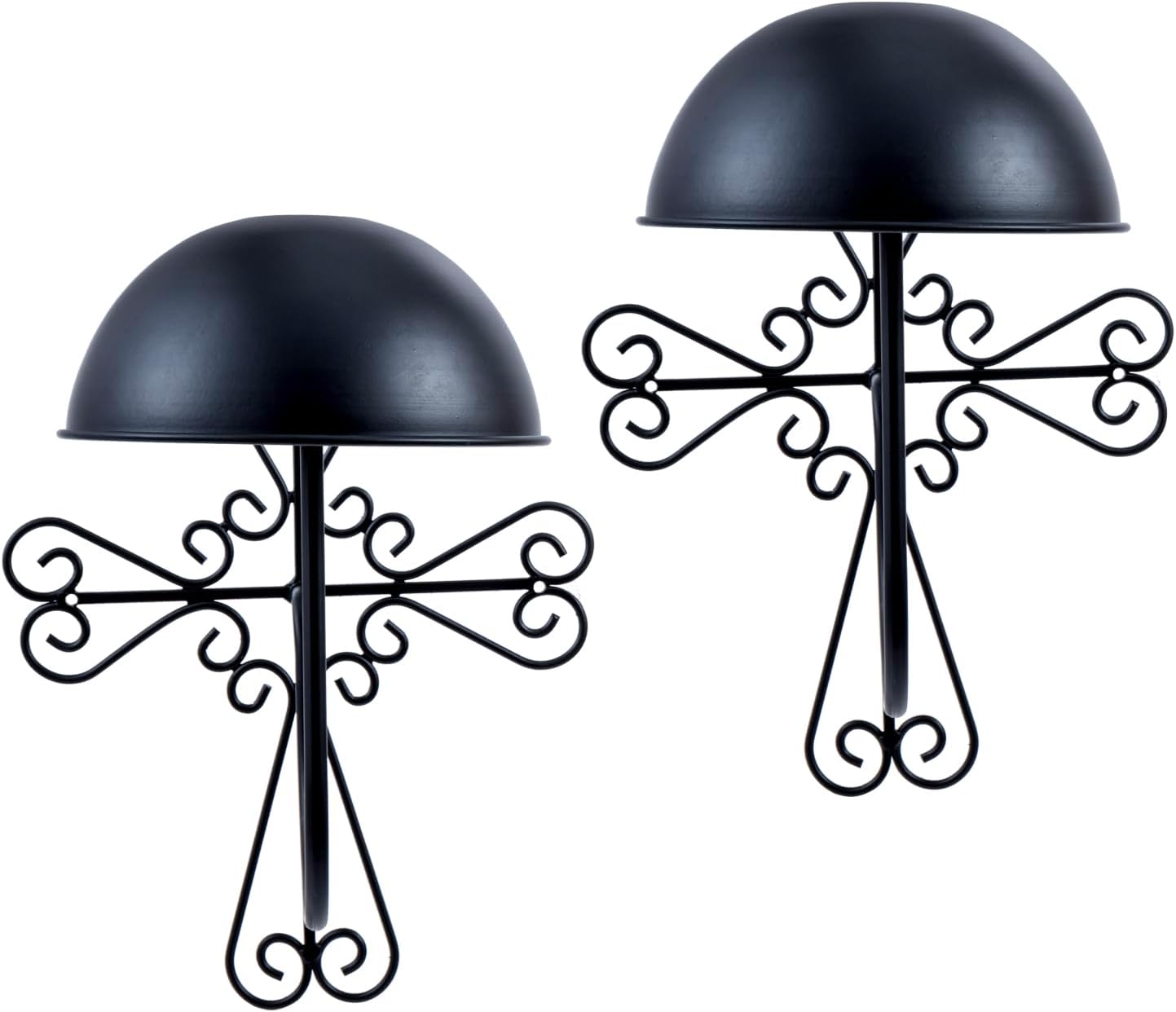 MyGift 2 Pcs Vintage Hat Holder Rack Wall Mount, Helmet and Large Brim Hat Holder, Hanging Black Metal Wig Display Dome, Scrollwork Cross Style