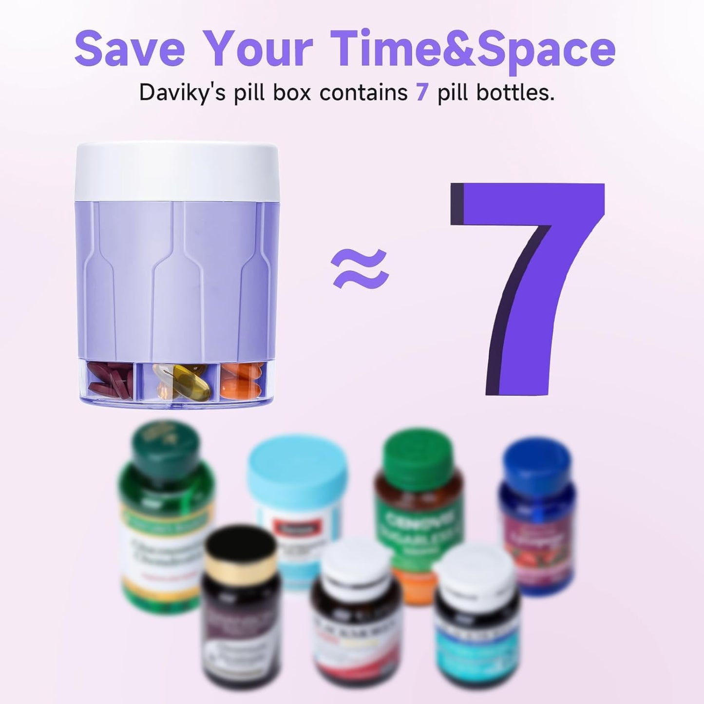 Daviky Pill Bottle Organizer, Supplement Organizer with 7 Large Compartments, Travel Pill Dispenser Round Pill Box with Two Lids（Purple）