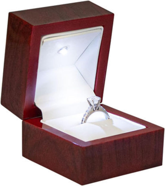 Novel Box Cherry Luxury Ring Jewelry Box with LED Light 2.37x2.37x1.87 Inches - Authentic Mahogany with White Insert - Unique Ring Box for Proposal, Engagement, Wedding, or Small Jewelry Display Gifts