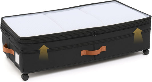 AVOKIHI Under Bed Storage Containers with Wheels, 60L Large Underbed Organizer Box for Clothes, Blankets & Shoes, 9.5 Inch Adjustable Height Under the Bed Storage Bin with Clear Top