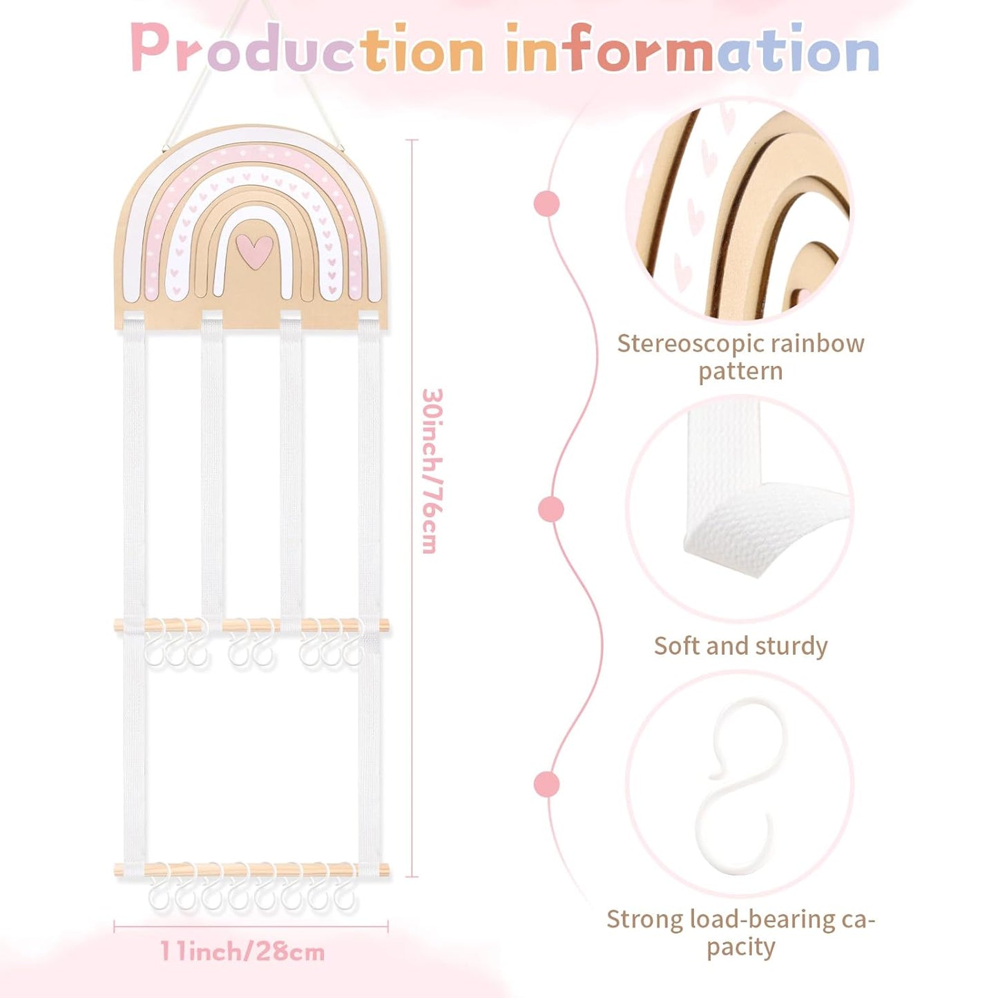 POVETIRE Headband Holder Bow Holder for Girls Hair Bows,Rainbow Hair Accessories Organizer Storage Wall Hanging Display for Nursery Toddler Girls Room