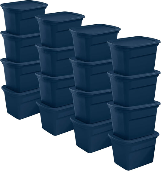 Sterilite 16-Pack Plastic Storage Bins, 18 Gallon Tote Containers with Lids, Marine Blue