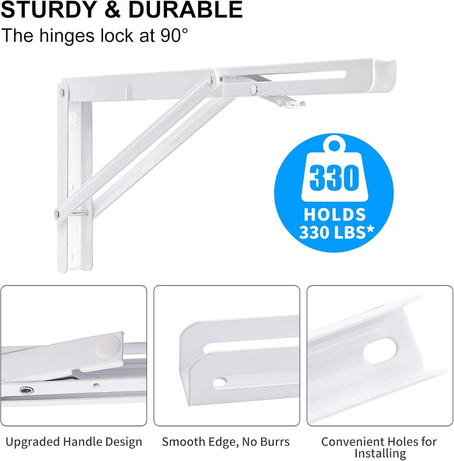 YUMORE Folding Shelf Brackets, 16 Inch Heavy Duty Collapsible Shelf Bracket, White DIY L Bracket for Workbench Folding Table Hinge, Max Load: 330lb, Pack of 2