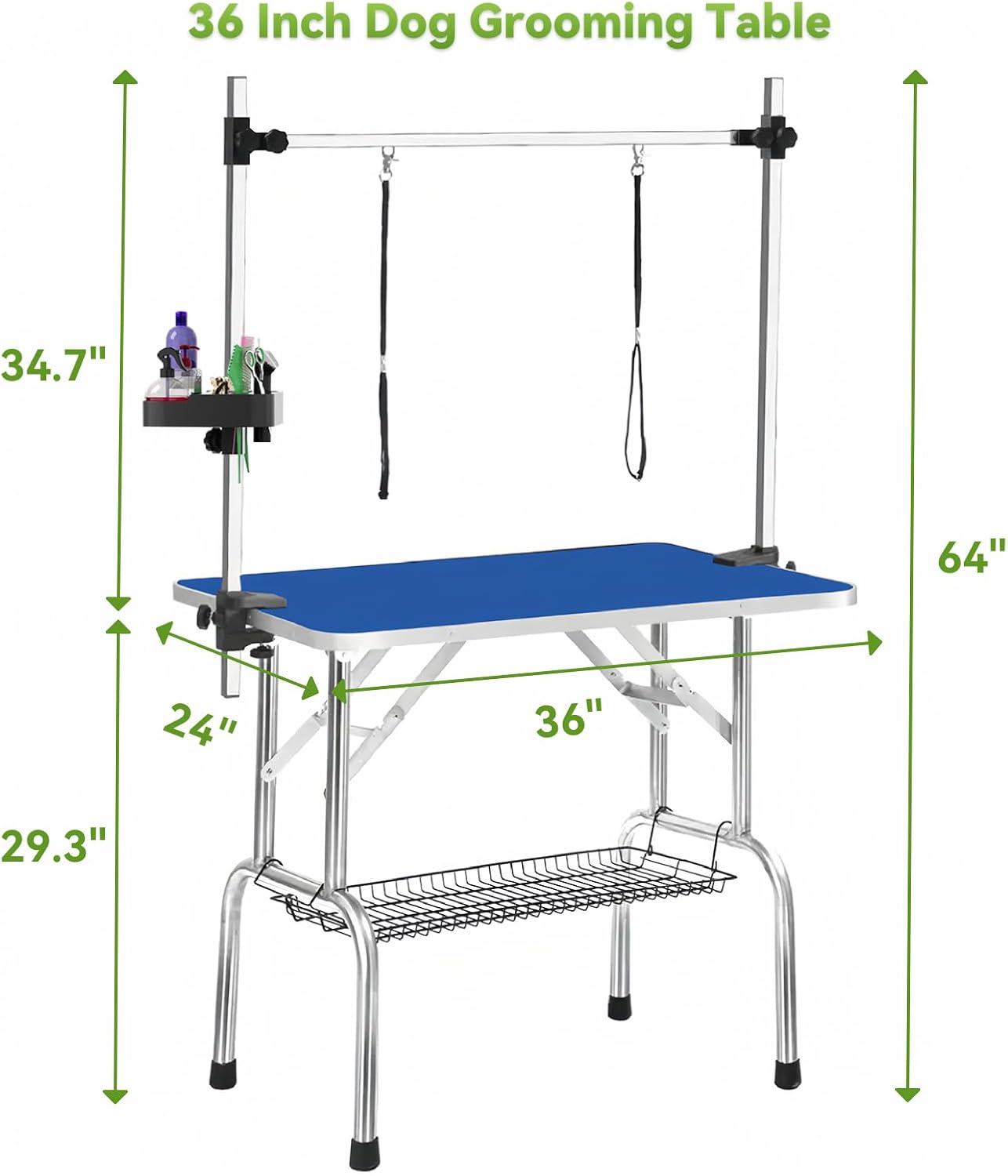 36" Large Dog Grooming Table, Non-Slip Tabletop with Adjustable Armrests, Lasso, Tool Organizer, Grid Tray, Foldable Home Pet Station, Maximum Weight Capacity 330 lbs,Blue