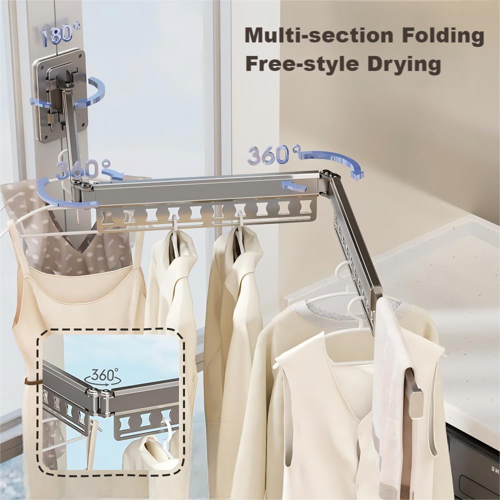 Clothes Drying Rack Wall-Mounted, 3-Fold Retractable Clothes Hanger with Windproof Holes & Detachable Design, Sturdy Foldable Laundry Rack for Balcony, Bathroom Use (Gunmetal Gray)