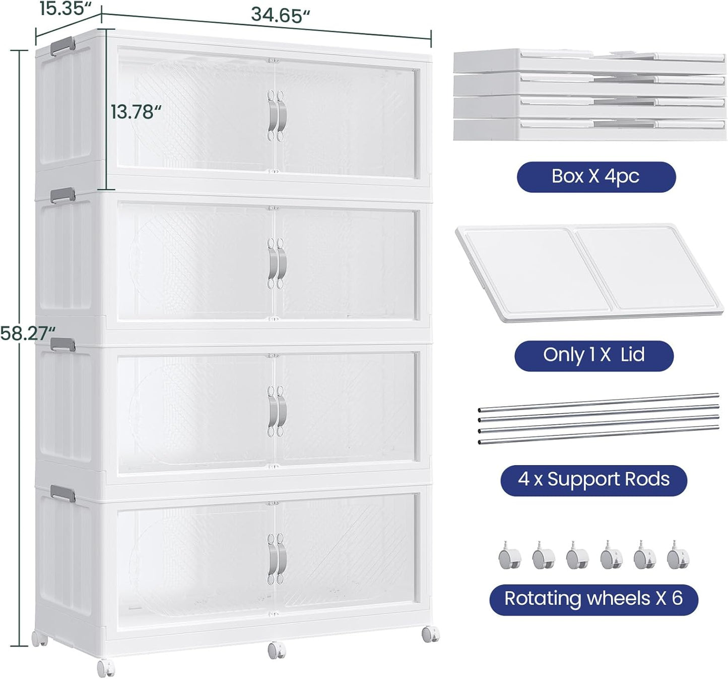 960QT Extra Large Stackable Storage Bins with Lid, 240Gal Plastic Closet Organizers and Storage Drawer, Collapsible Cabinet Box with Wheels Clear Doors for Home Kitchen Office, 4Pack White