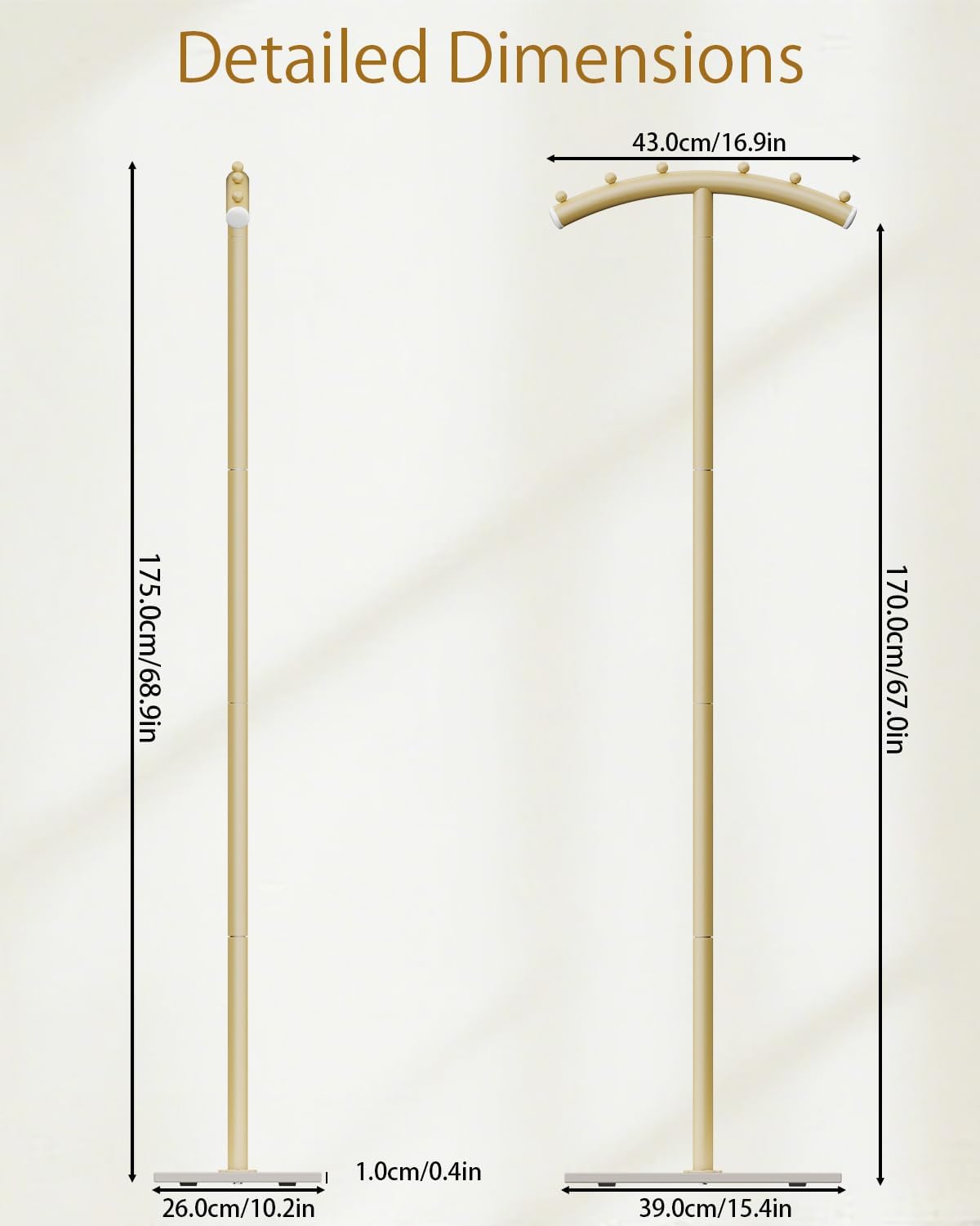 Arcuate Garment Rack, T-shaped Coat Tree Freestanding, Metal Coat Racks, Natural Stable Rock Base, Suitable For Entrances, Corridors, Halls, 68.9in, Gold