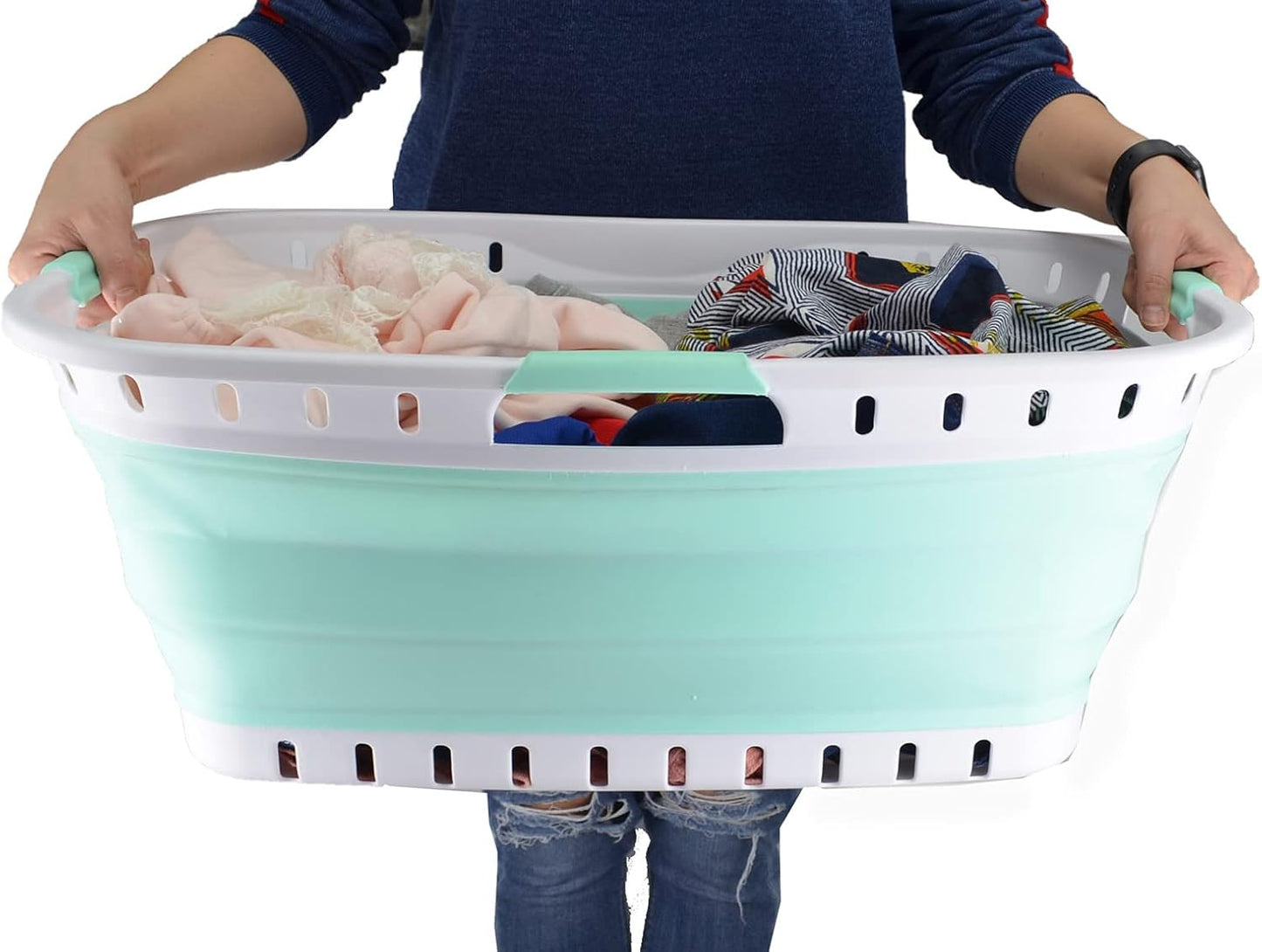 SAMMART 44L (11.62 gallon) Collapsible Plastic Laundry Basket - Foldable Pop Up Storage Container/Organizer - Portable Washing Tub - Space Saving Hamper/Basket (1, White/Light Green)