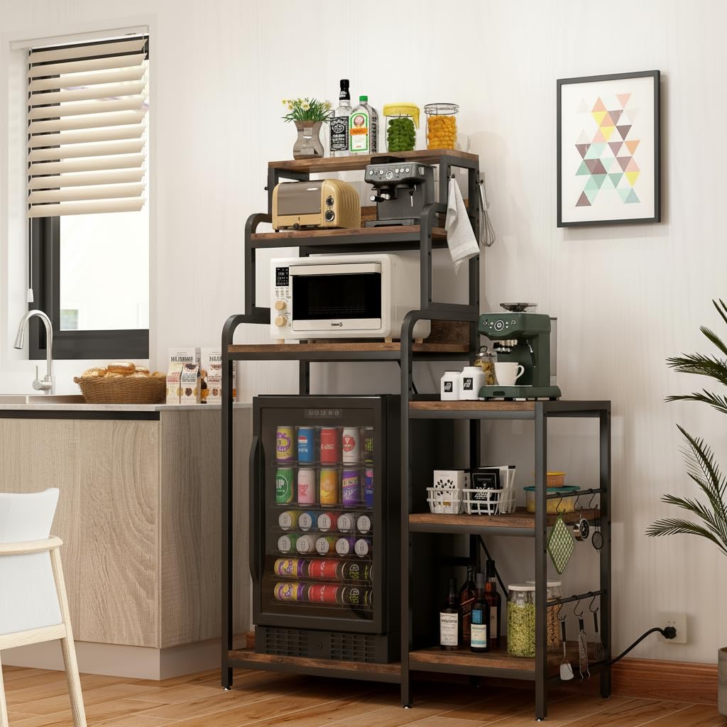 7-Tier Kitchen Storage Rack, Mini Fridge and Microwave Stand with AC/USB Outlets, Metal Frame, Walnut Brown MDF Shelves, Utility Cabinet for Kitchen, Living Room, Dorm