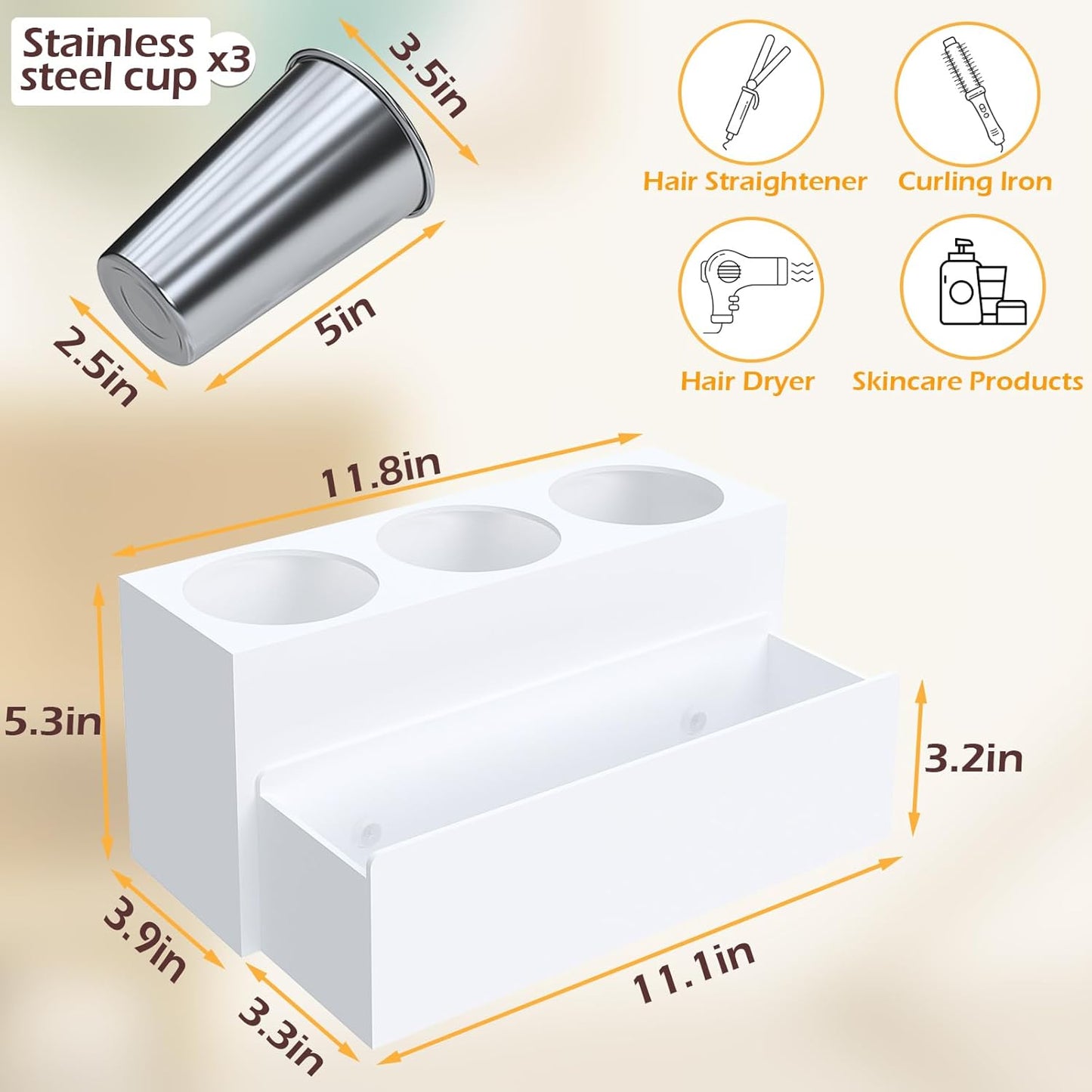 Hair Tool Organizer, Detachable Acrylic Hair Dryer Holder for Bathroom, Hair Styling Accessories Curling Iron Hot Tools Organizer with 3 Cups, Countertop Vanity Storage (Matte White)