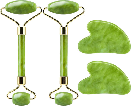 4-Piece Body Roller Jade & Authentic Jade Roller and Gua Sha Set for Face and Body Sculpting, Puffiness Reduction, Lymphatic Support, and Relaxing Spa Massage