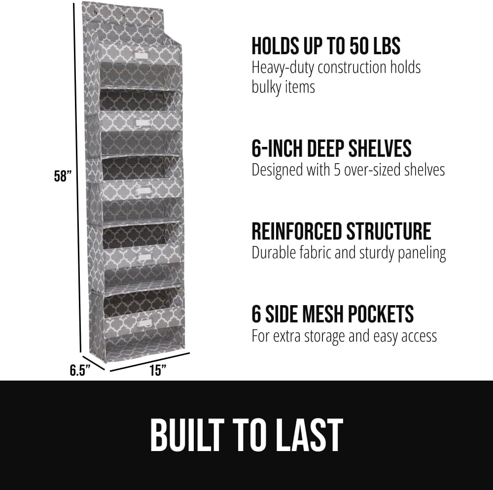 GORILLA GRIP Large Capacity Closet Organizer, 5 Deep Shelves, Holds 50lbs, Over the Door Organizers 6 Mesh Pockets, Shelf Storage for Clothes Crafts Essentials, 3 Metal Hooks, 58x15 Inches, Quatrefoil