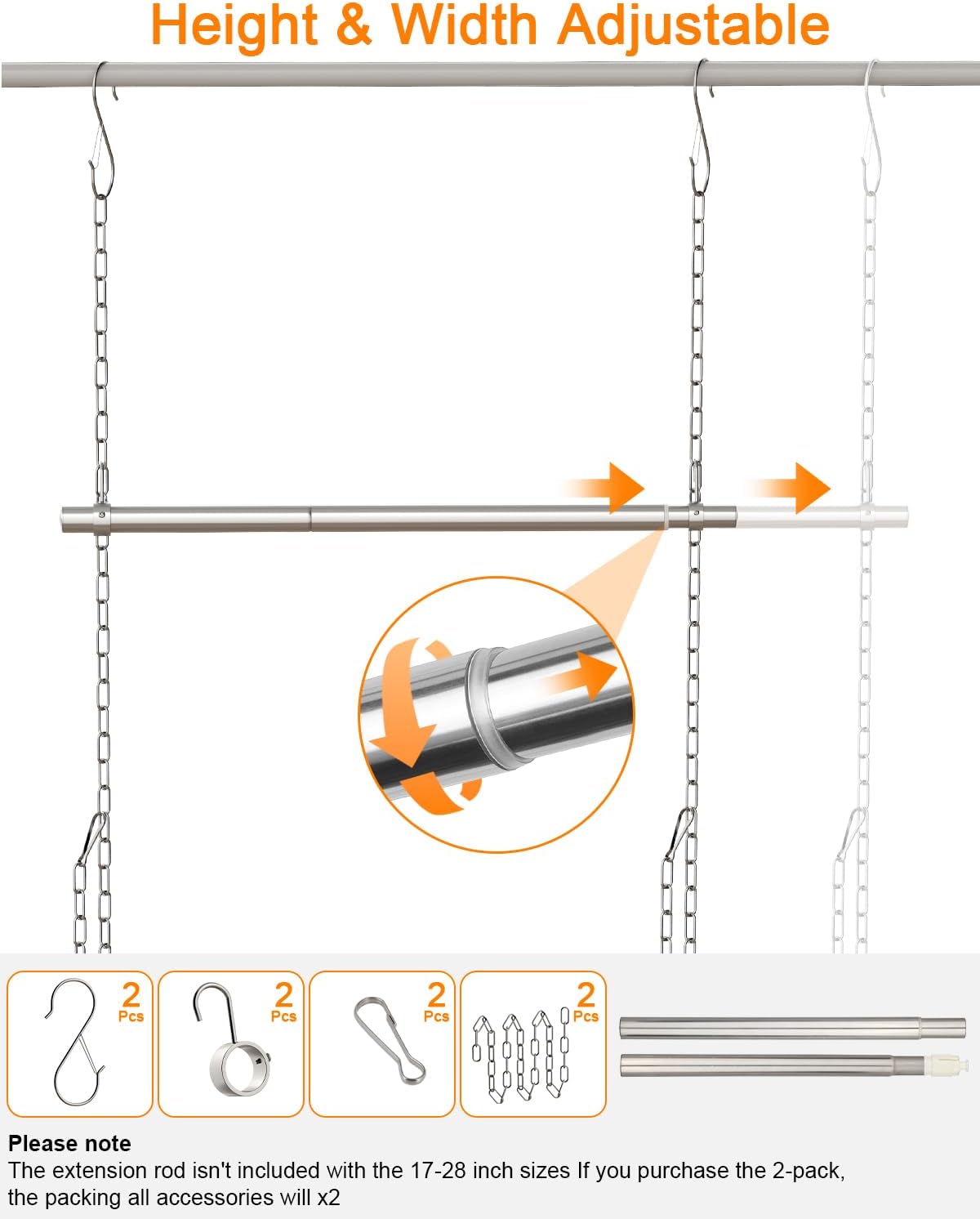 Hanging Closet Rod, Adjustable Width and Height Closet Rods Extender, 17-52inch Heavy-Duty Stainless Steel Bar, Space-Saving Closet Rod Hanging Clothes, 1Pack(Silver)