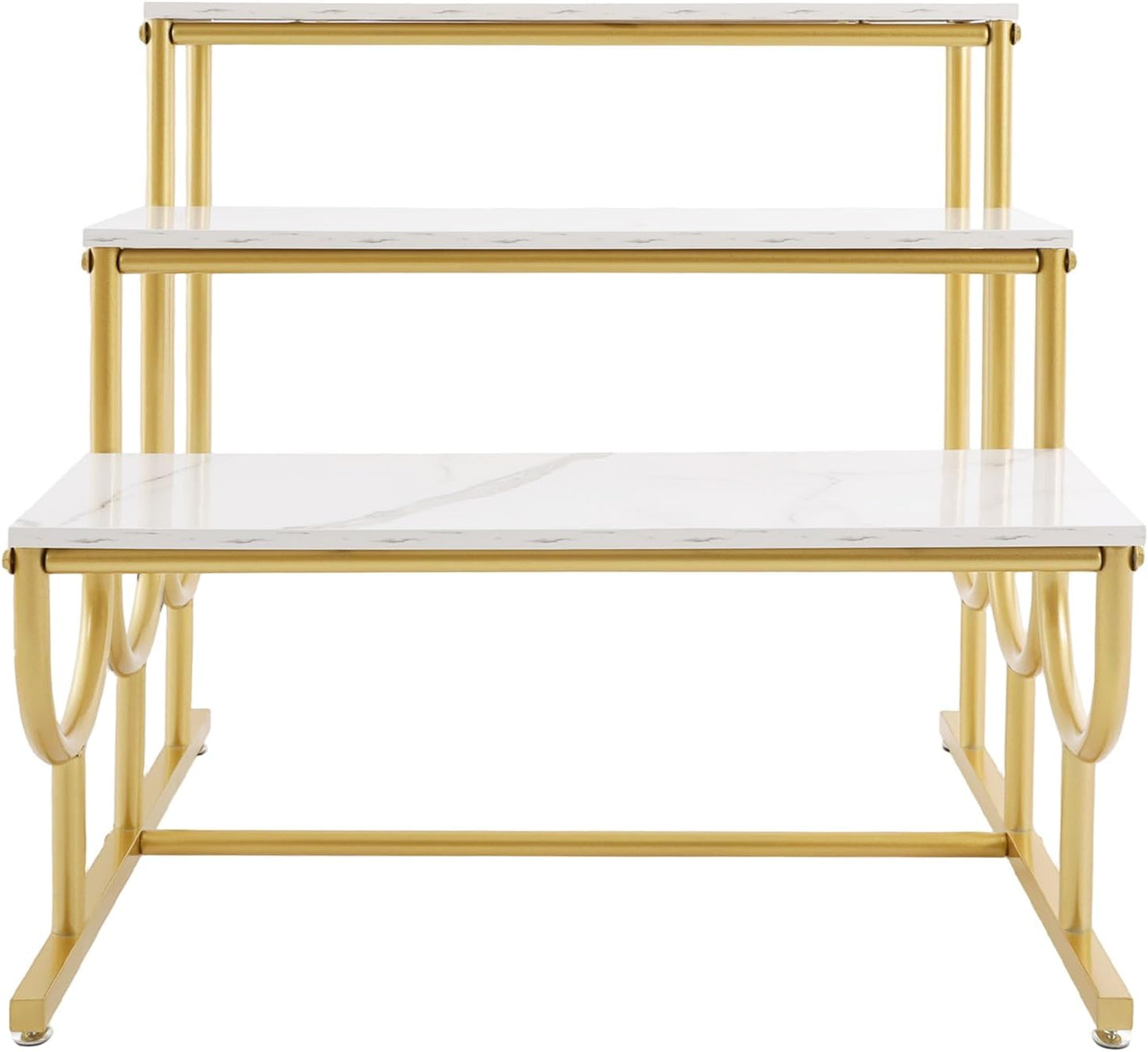 Metal Shoe Handbag Display Stand, 3 Tier Heavy Duty Display Riser Shelf, Modern Retail Display Table, Carbon Steel and Solid Wood, Gold