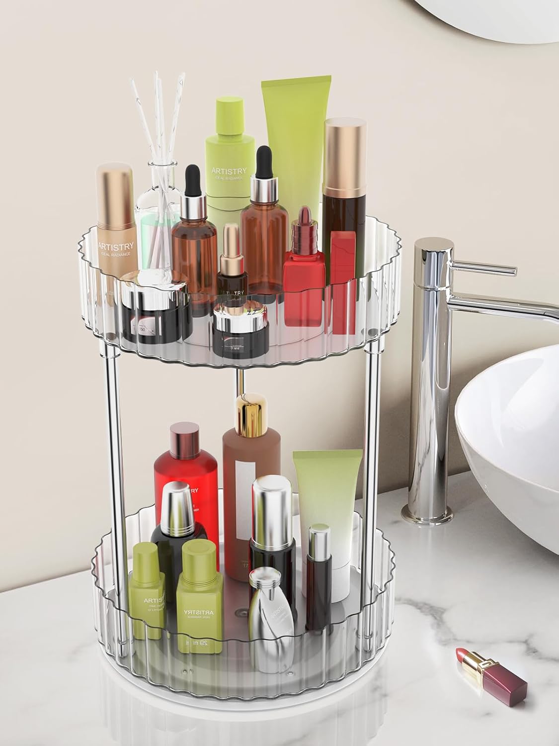 Makeup Organizer,360° Rotating Makeup Organizer, 2-Tier Round Rotating Skincare Organizer Countertop,Fits Bedroom, Bathroom, Vanity Shelf Countertop(Clear)