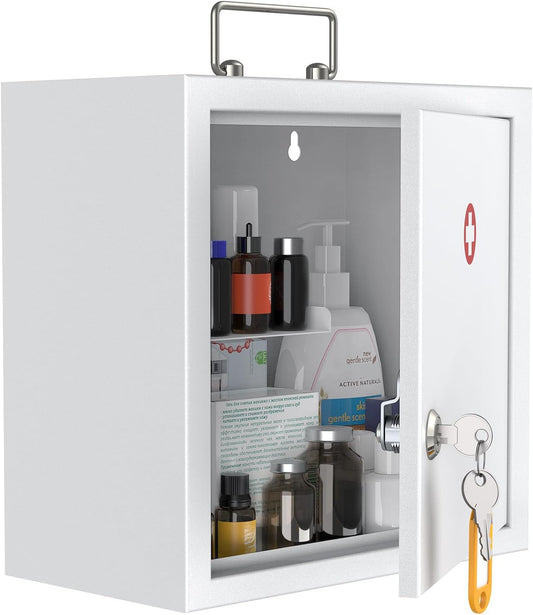Uniclife Wall Mount Medicine Cabinet with Key Lock & Handle Locking First Aid Cabinet Lockable Medical Cabinet Medium Medicine Organizer Secure Steel Wall Cabinet Metal Storage Box, White