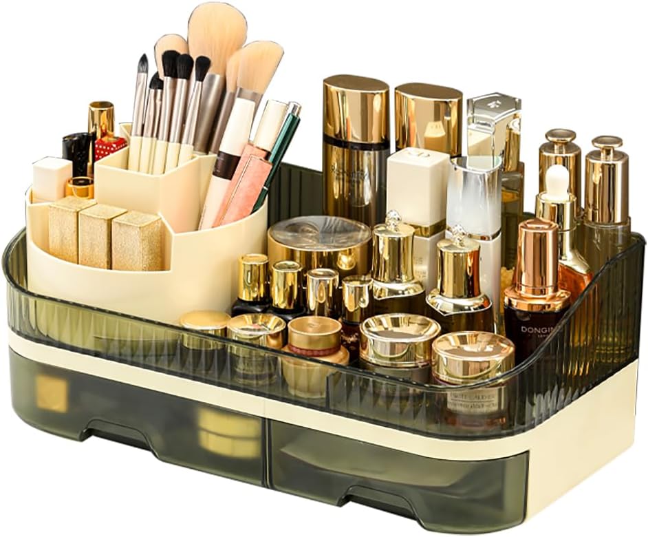 Large Plastic Makeup Organizer with Rotating Brush Holder for Vanity - Bathroom Countertop Skin Care Storage, Easy for Lipsticks, Nail Polishes, Perfumes & Eyeshadow Palettes