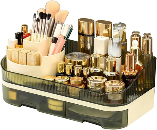 Large Plastic Makeup Organizer with Rotating Brush Holder for Vanity - Bathroom Countertop Skin Care Storage, Easy for Lipsticks, Nail Polishes, Perfumes & Eyeshadow Palettes