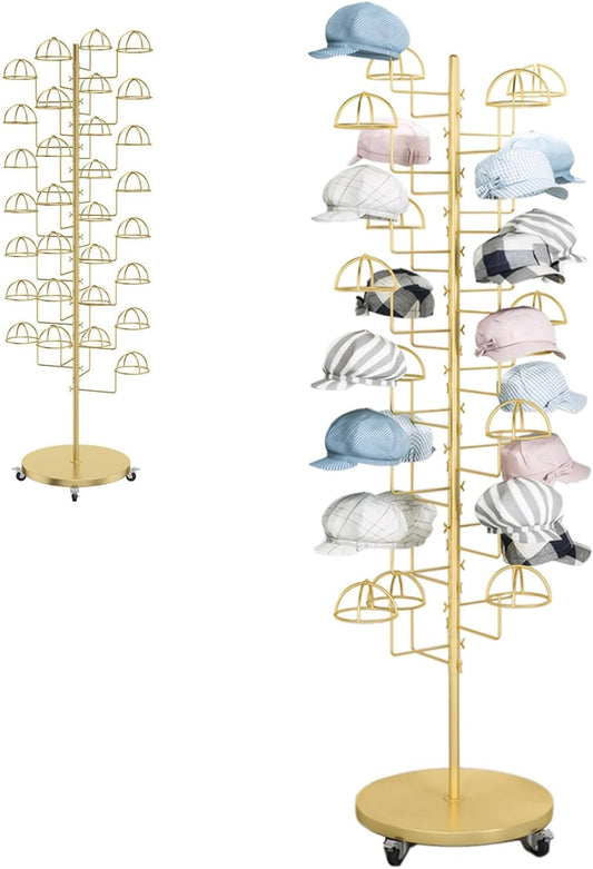 Gold Hat Display Stand, Commercial Hat Rack with 30 Hooks & Wheels, Freestanding Metal Cap Organizer for Retail Store, Home, 69 inch