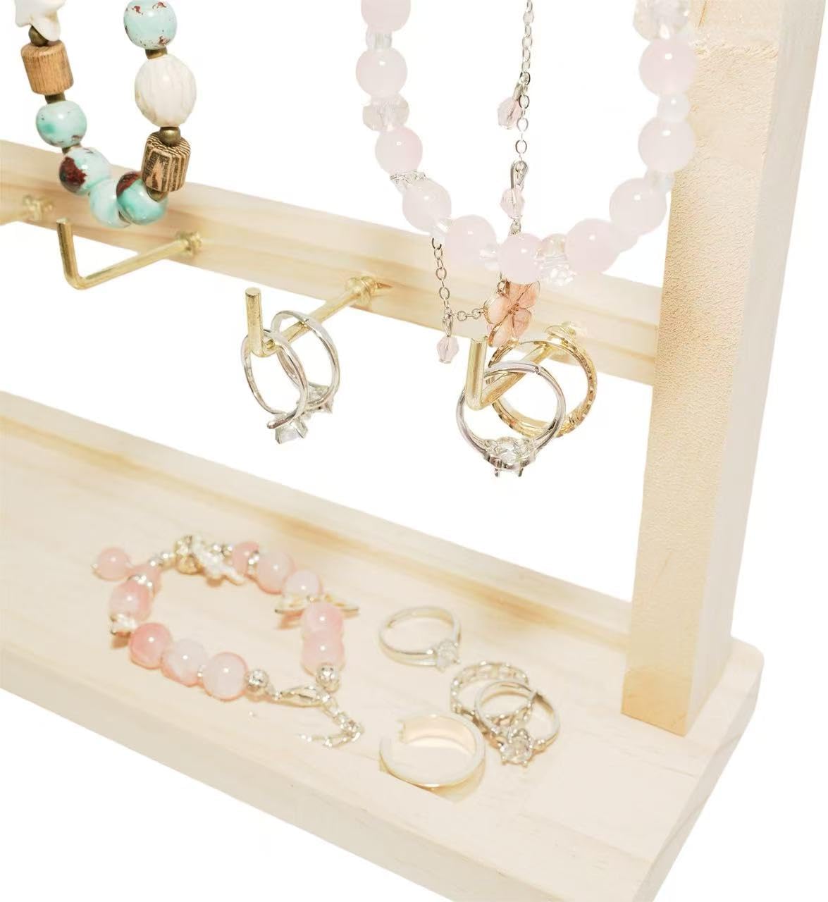 3 Layers of Wooden Display Eacks With Hooks for Necklaces. Rings, Earrings, Bracelets, And Other Jewelry Storage Display Rack