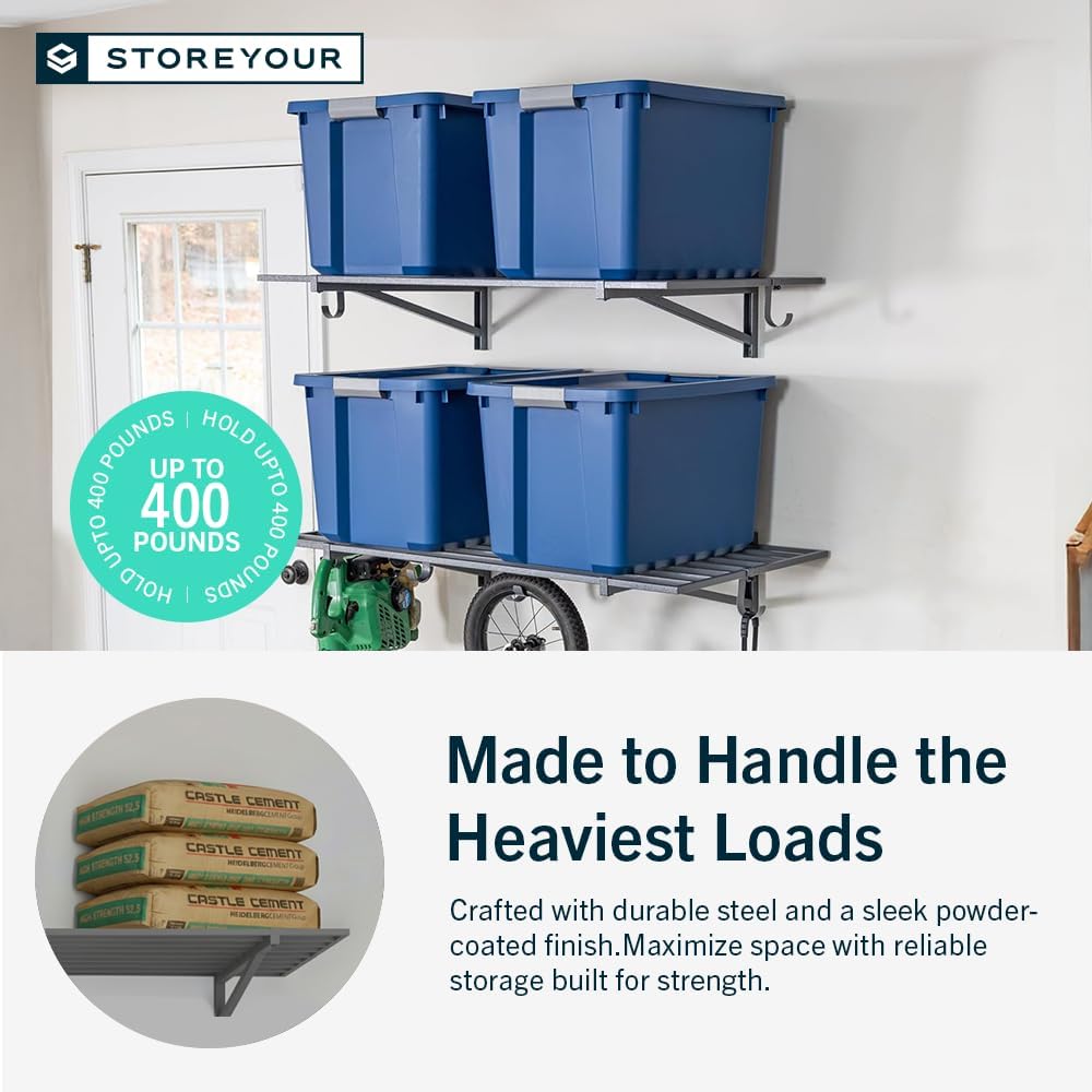 StoreYourBoard Heavy Duty Garage Shelf Wall Mount 2ft x 4ft – Wall-Mounted Shelving for Storage & Organization – Heavy Duty Garage Shelves for Tools, Bins, & Equipment – Holds 400 lbs – Gray