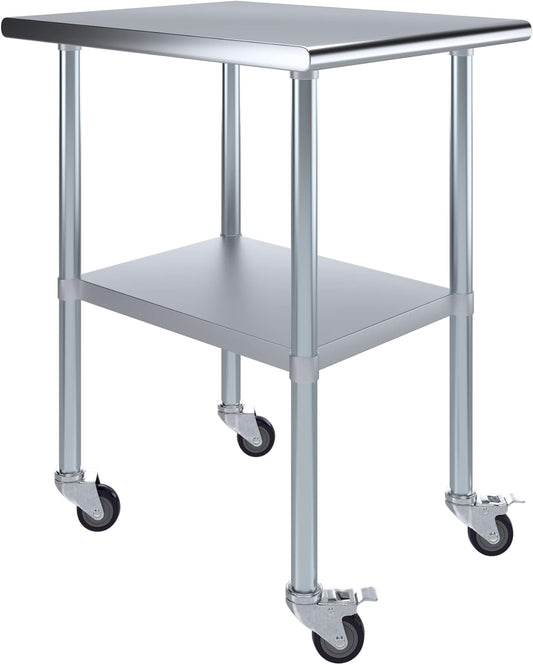 AmGood 30" x 24" Stainless Steel Work Table with Casters | Heavy Duty Metal Utility Table On Wheels | Kitchen Island Cart