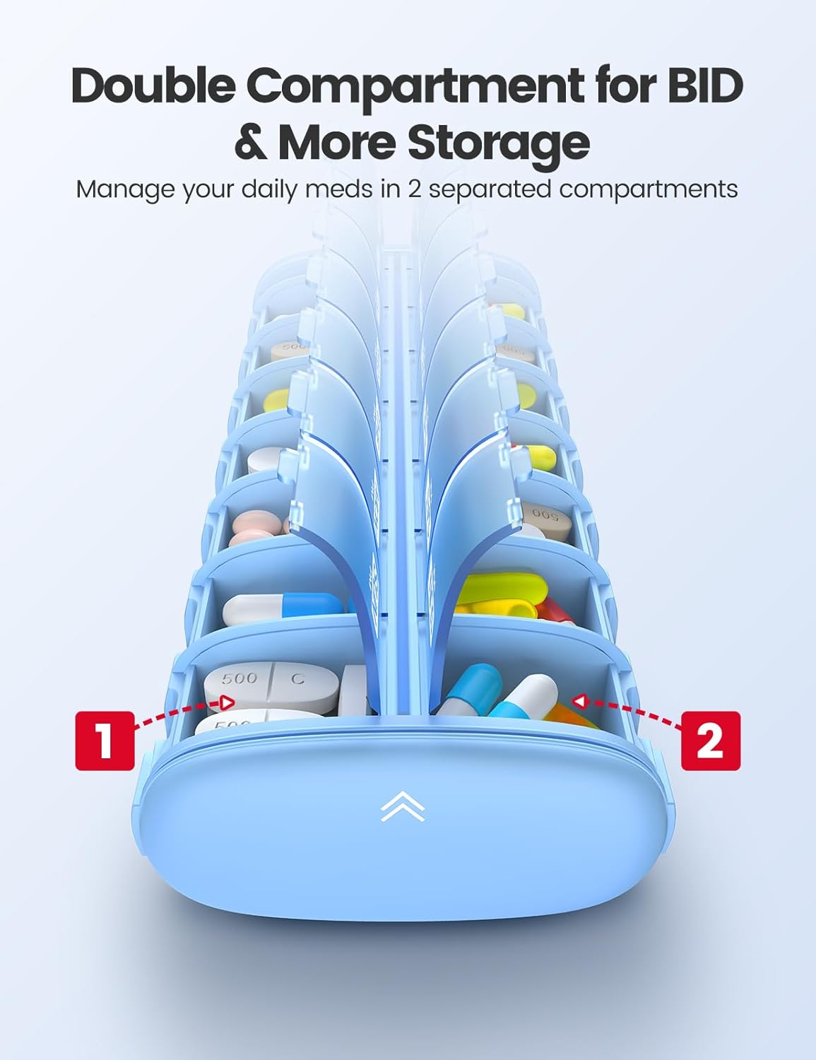 Vaydeer Metal 7 Day Pill Organizer 2 Times a Day – AM PM Weekly Travel Pill Case with Moisture-Proof Desiccant, Airtight Large Capacity Pill Box for Vitamins, Medications & Supplements (Blue)
