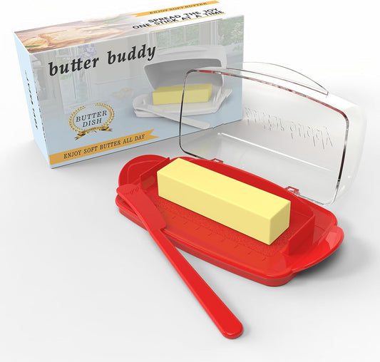 Butter Dishes with Lid for Countertop Refrigerator, Plastic Butter Dish Clear Flip Top Lid Butter Container with Spreader, Non-Slip Bottom Butter Holder Keeper (Transparent Cover Red)