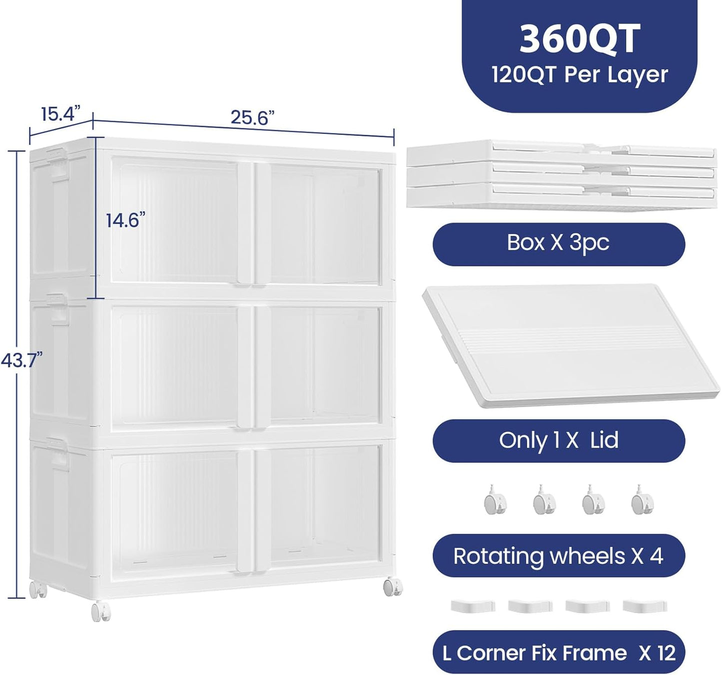 360Qt Stackable Storage Bins with Lid and Wheels, 90Gal Plastic Closet Organizer and Storage Drawer, Large Collapsible Storage Box Cabinet with Clear Door for Home Kitchen Office, 3Pack White