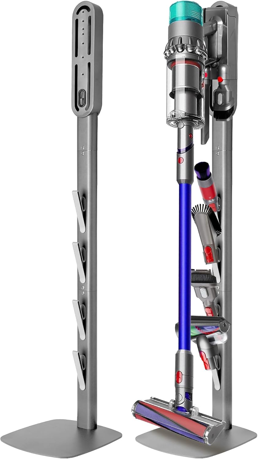Vacuum Stand Compatible with Dyson Gen5 V15 V12 V11 V10 V8 V7 V6, Heavy Base Metal Vacuums Attachment Holder with 4 Hooks, Hidden Cord Management & Storage Bracket for Dyson Cordless Vacuums