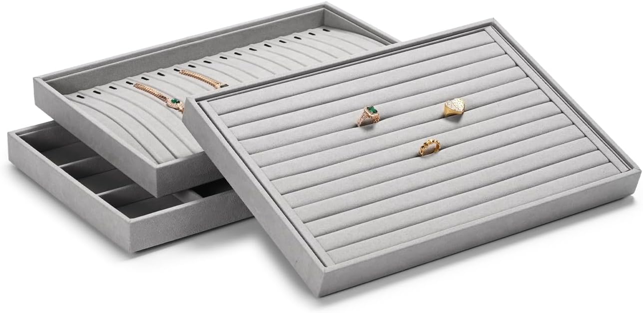 Jewelry Display Tray - Gray Microfiber Ring & Earring Organizer (13.8 x 9.4 Inches) - for Home or Store Use