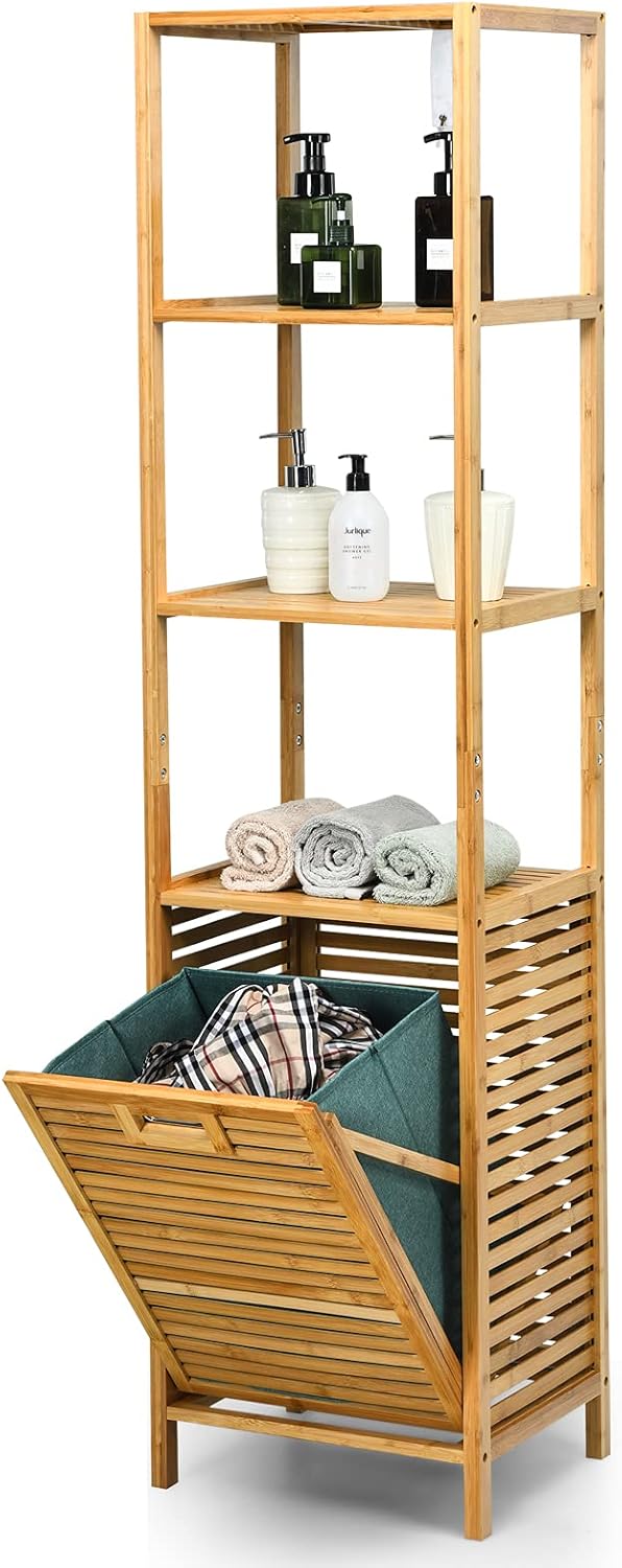 Giantex 63'' Tilt Out Laundry Hamper and 4-Tier Storage Shelves, Removable Clothes Basket with Easy Carry, Bamboo Tower Hamper Organizer, Great for Bathroom, Bedroom, Laundry Room, Closet, Nursery