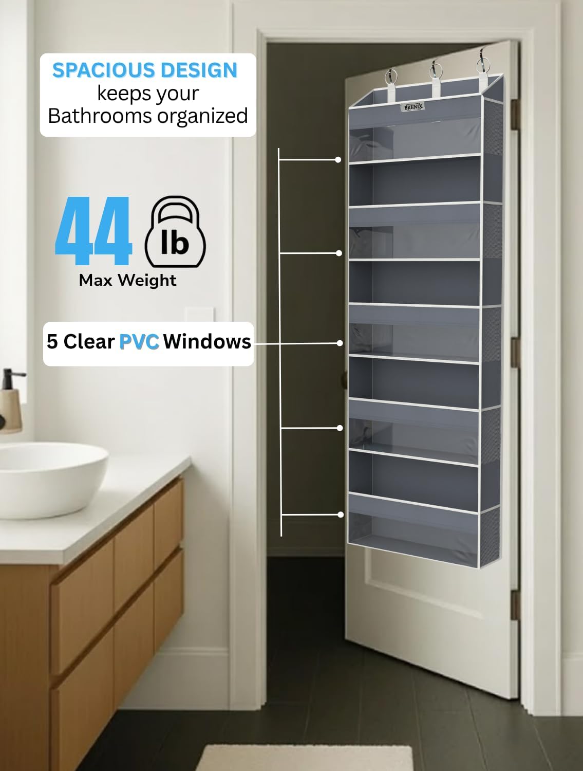 Over the Door Organizer with 5 Large Pockets & 10 Mesh Side Pockets – Durable Hanging Storage for Closet, Bathroom, Bedroom, and Nursery– Space Saving Door Storage with Sturdy Metal Hooks.