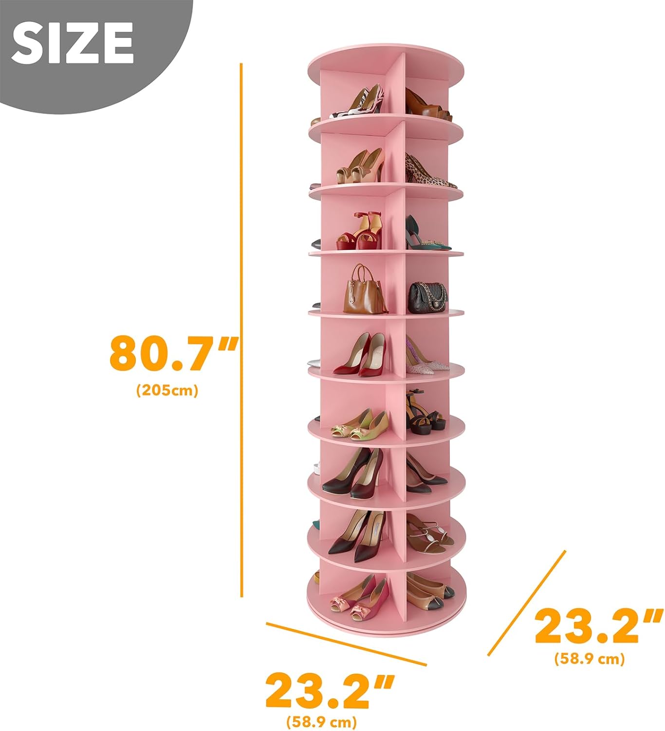 SpaceAid 9 Tier Rotating Shoe Rack Tower, Spinning Shoe Display Lazy Susan, Revolving 360 Shoe Rack Storage Round Carousel, Vertical Handbag Rotate Shoes Closet Organization (9-Tier Pink)
