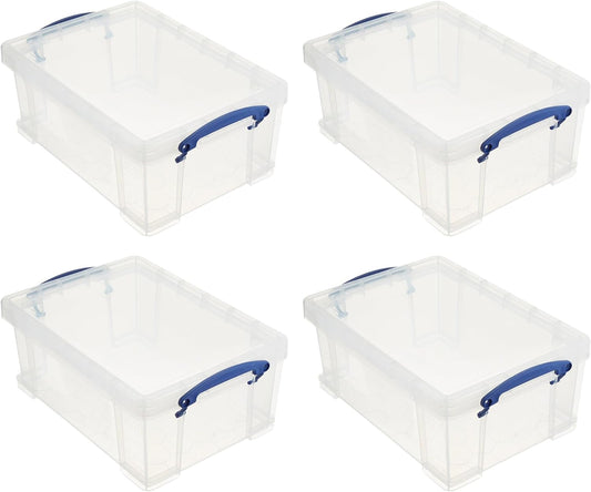 Really Useful Box Stackable 9 Liter Plastic Storage Container Bin with Snap Lid and Built-In Clip Lock Handles for Home & Office Organization (4 Pack)