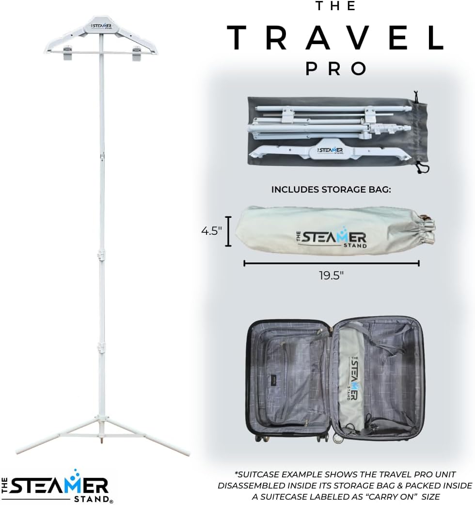Travel Pro | Adjustable Standing Garment Steaming Rack with Hanger | Fast, Foldable, Sturdy, Portable Steam Ironing Solution for Travel & Home