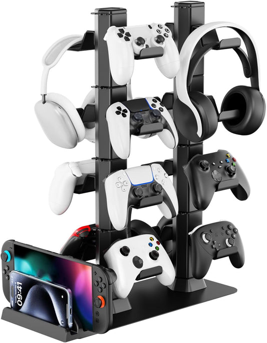 Headphone and Game Controller Desk Stand for PS5/ Xbox/ PS4 Controller, 4 Tiers Headset Hanger with Organizer for Switch 2/1/PS Portal Game Console, Multiple Controller Storage Dispay Rack-16 Hooks