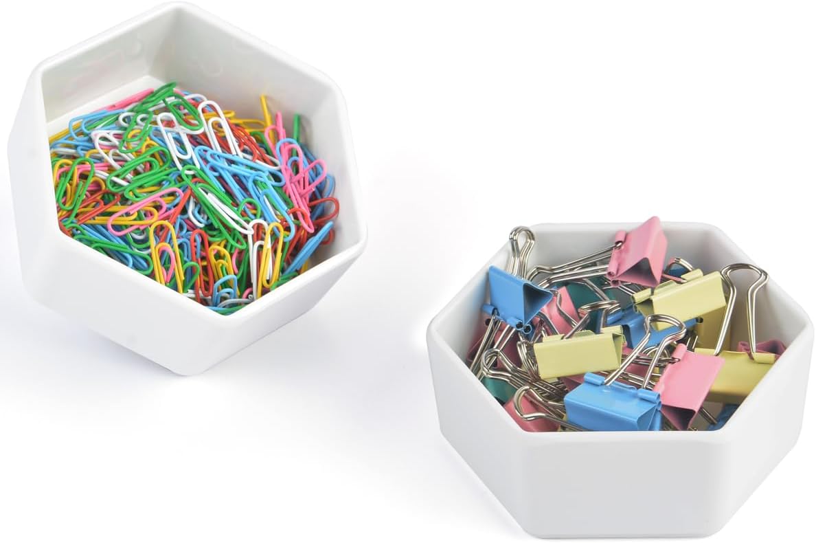 Resin Paper Clip & Binder Clip Dispenser for Home Office & School, Push Pin & Paper Clamp Holder for Desk, Work Desk Accessories Organizer, 2 Pack, White