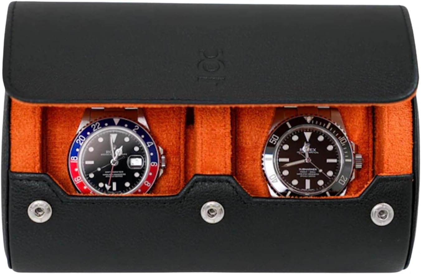 DailyWatch | Watch Roll Travel Case For 2 Watch | Luxury Watch Case In Genuine Black Leather With Soft Velvet Interior | Watch Case Protect, Store, & Display Your Watches | Black Orange