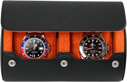 DailyWatch | Watch Roll Travel Case For 2 Watch | Luxury Watch Case In Genuine Black Leather With Soft Velvet Interior | Watch Case Protect, Store, & Display Your Watches | Black Orange