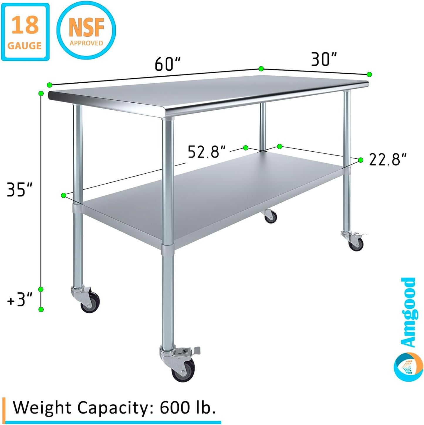 AmGood 30" x 60" Stainless Steel Work Table with Casters | Heavy Duty Metal Utility Table On Wheels | Kitchen Island Cart