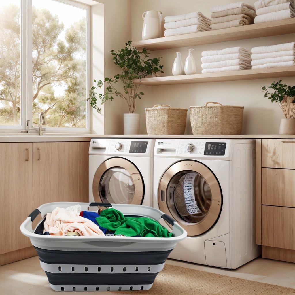 SAMMART 42L (11 gallon) Collapsible Plastic Laundry Basket - Foldable Pop Up Storage Container/Organizer - Space Saving Hamper/Basket (1, Grey/Slate Grey)