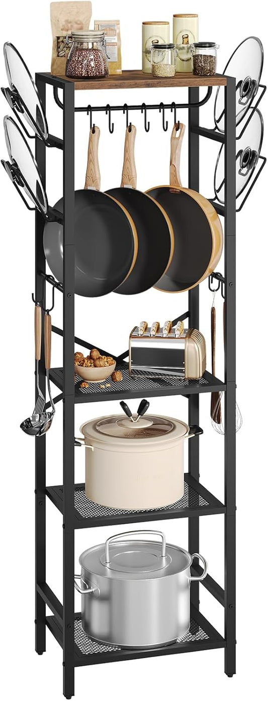 4-Tier Pot Rack, Pots and Pans Organizerand for Kitchen, Lid Organizer Rack with U-Shaped Lid Holders, Kitchen Storage Shelf for Standing Cookware, Rustic Brown and Black POHR3001