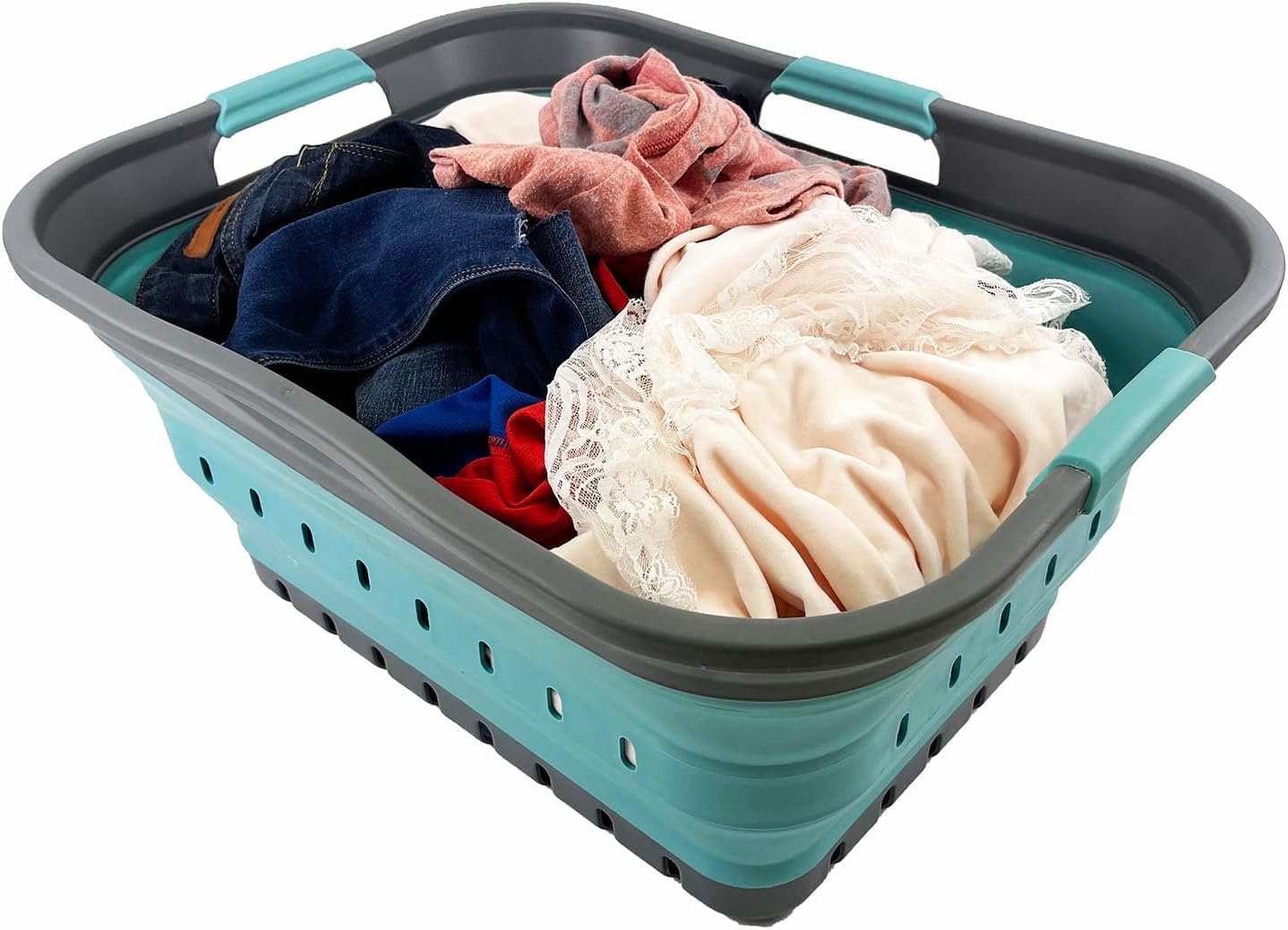 SAMMART 42L (11 gallon) Collapsible Plastic Laundry Basket - Foldable Pop Up Storage Container/Organizer - Space Saving Hamper/Basket (Grey/Crystal Blue)
