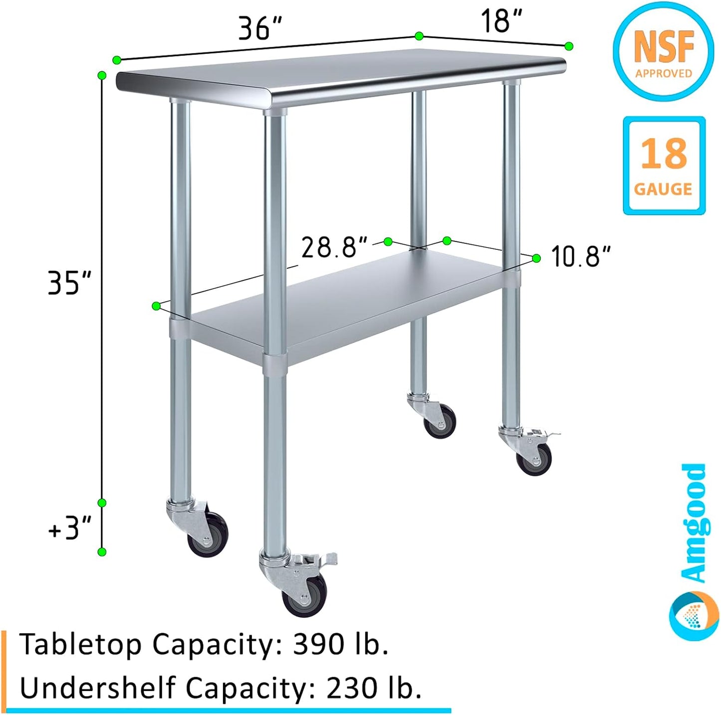 AmGood 36" Long x 18" Deep Stainless Steel Table with Casters