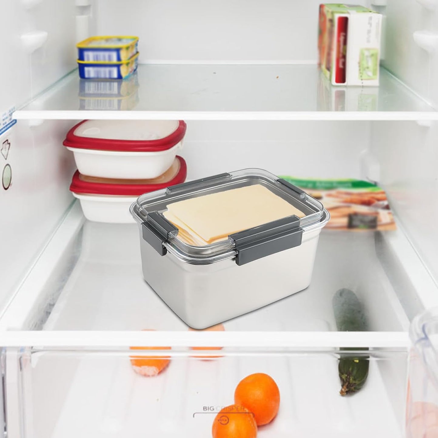 Cheese Container for Refrigerator,Stainless Steel Cheese Container with Lids,Deli Meat Saver,Kitchen Storage Keeper,Fridge Organizer Stackable Sliced Grated,Shredded,Cheddar Cheeses Holder Box