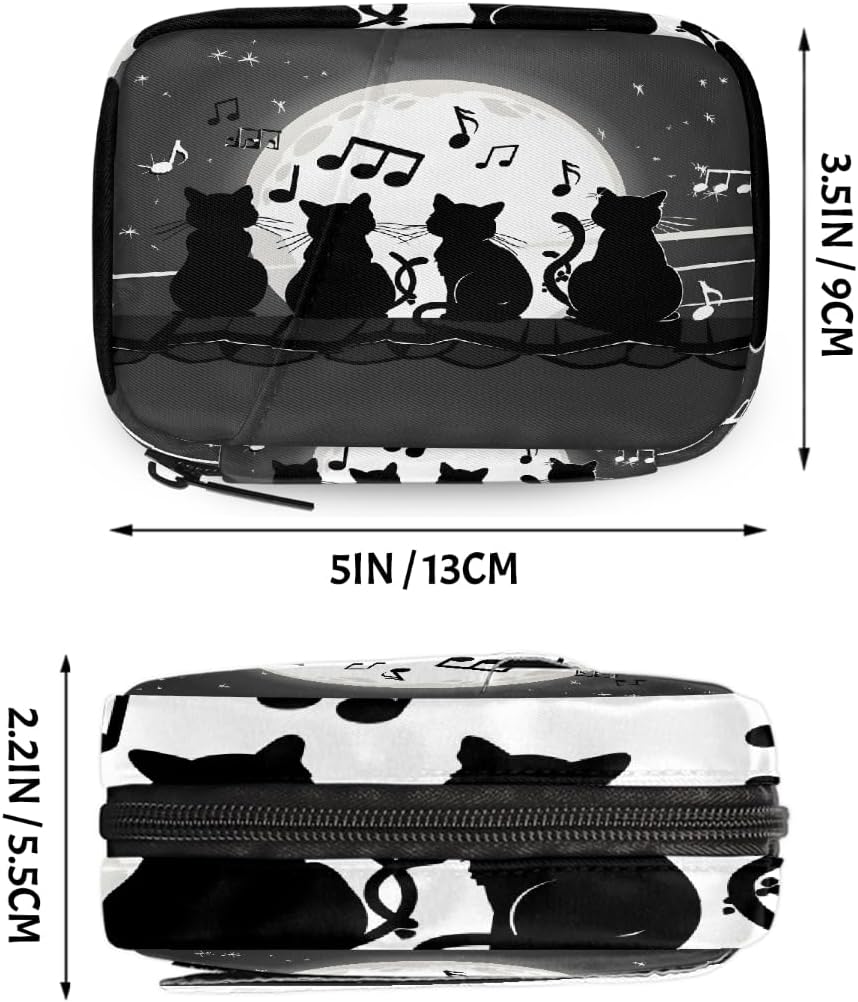 Moon Cat Music Note Pattern Pill Organizer Travel Medicine Case with Zipper Daily Vitamin Storage Bag Portable 8 Slot Weekly Pill Box Supplement Holder for Home Office Gym Travel